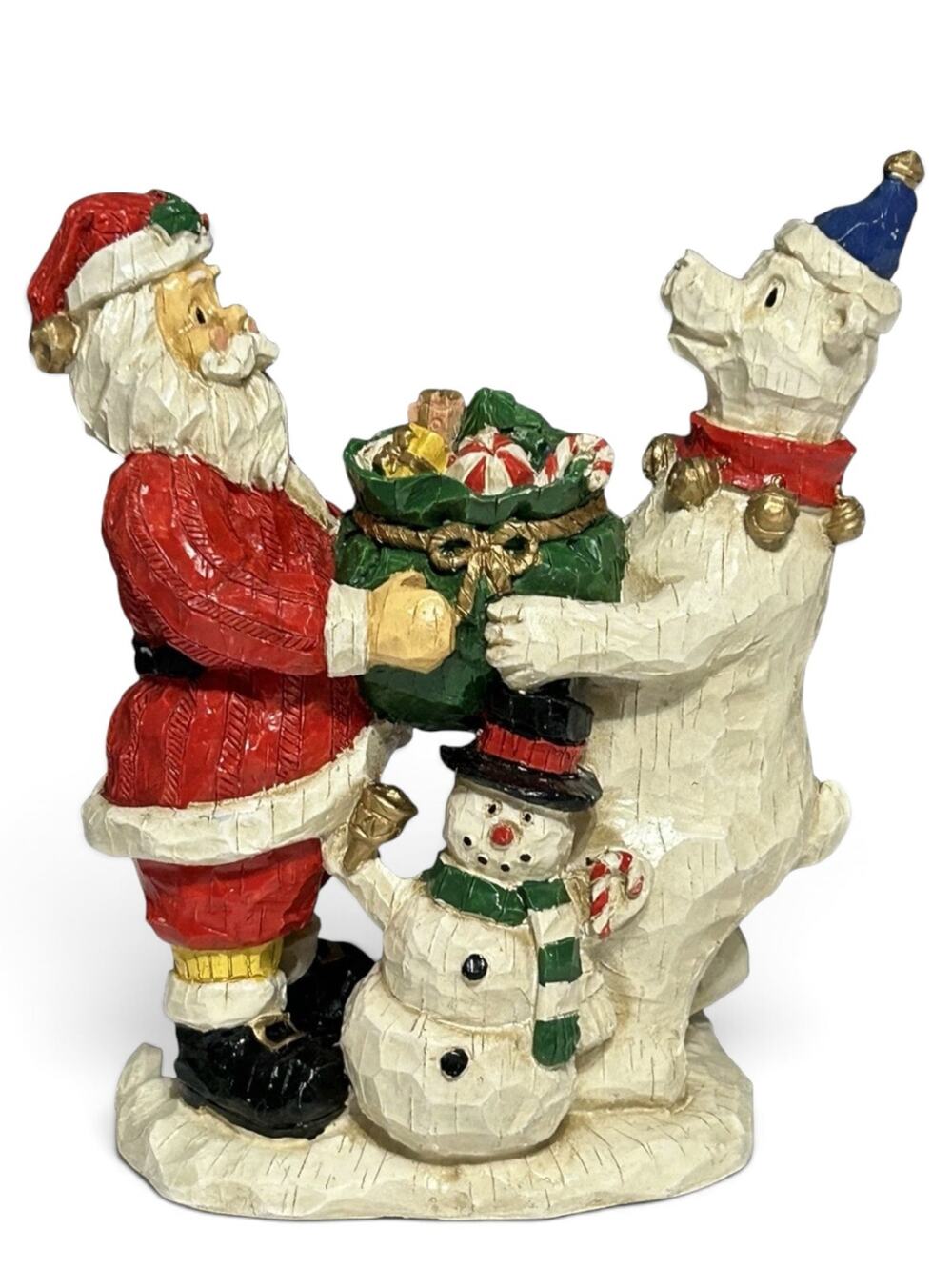 Vintage Rustic Faux Wood Santa Polar Bear Snowman Christmas Figurine Holiday